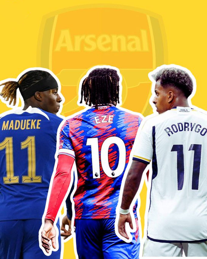 Các cầu thủ chạy cánh đang nằm trong tầm ngắm của Pháo thủ (trái sang): Madueke, Eze và Rodrygo