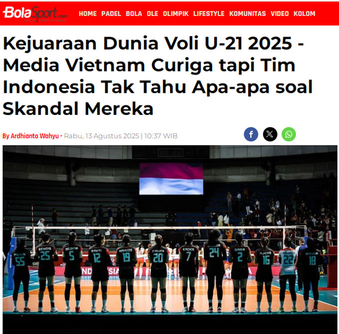 Tờ Bola đưa tin về án phạt của ĐT bóng chuyền nữ U21 Việt Nam