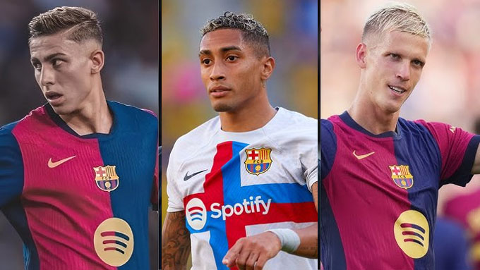 3 cầu thủ từng được thử nghiệm đá số 10 (trái sang) Fermin Lopez, Raphinha và Olmo nhưng chưa ai thực sự để lại dấu ấn