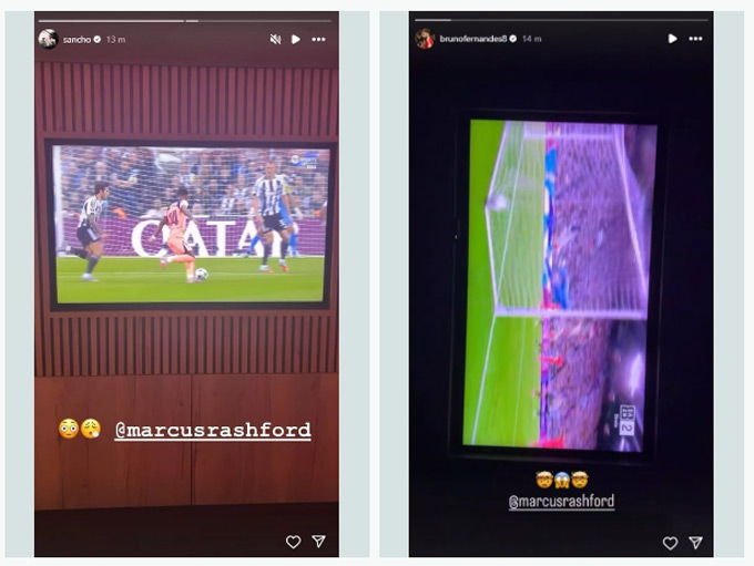 Bài đăng của Fernandes (phải) về màn trình diễn của Rashford. Bên trái còn có story của Sancho
