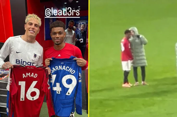 Diallo nói chuyện với Garnacho sau trận và còn đổi áo chụp ảnh với nhau