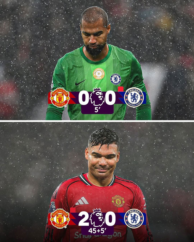 Trận MU vs Chelsea trở thành trận đấu đầu tiên trong lịch sử Premier League ghi nhận ít nhất 2 bàn thắng, 2 thẻ đỏ và 2 lần thay người chỉ trong hiệp một