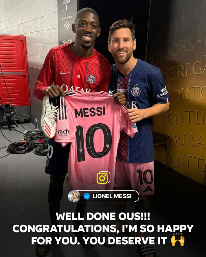 Messi chúc mừng Dembele giành Quả Bóng Vàng 2025