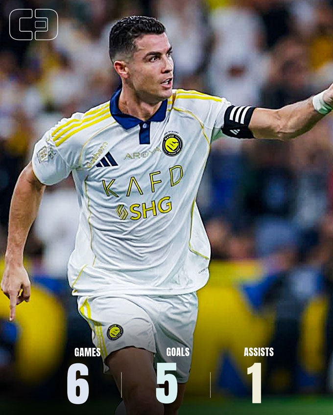 Ronaldo đã ghi 5 bàn và có thêm 1 kiến tạo sau 6 trận cho Al Nassr mùa này