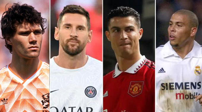 4 ứng viên hàng đầu cho danh hiệu Siêu Quả Bóng Vàng (trái sang) Van Basten, Messi, Ronaldo và Rô béo