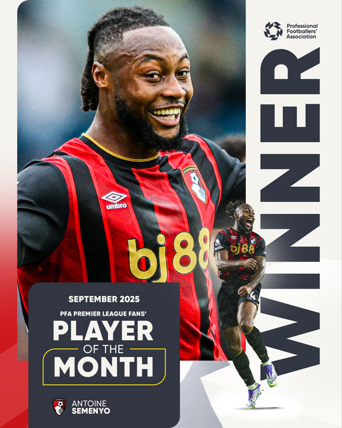 Semenyo vừa được bầu là cầu thủ hay nhất tháng 9 tại Premier League