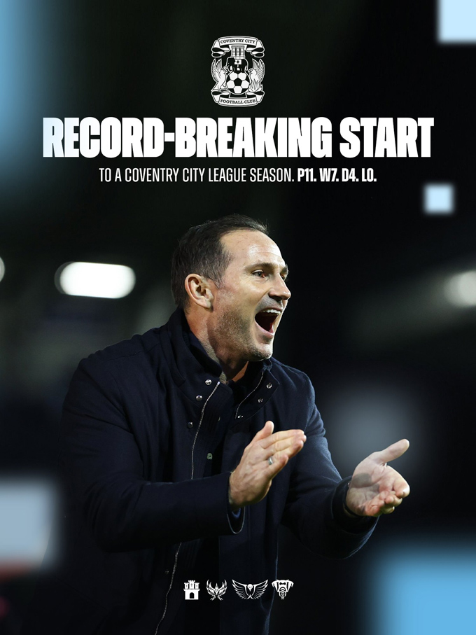 Coventry bất bại 11 trận từ đầu mùa, thắng 7 và hoà 4