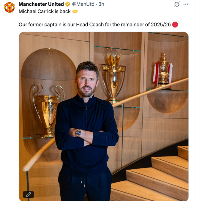 MU chỉ thông báo Carrick là "Head Coach" chứ không phải "Interim Manager"