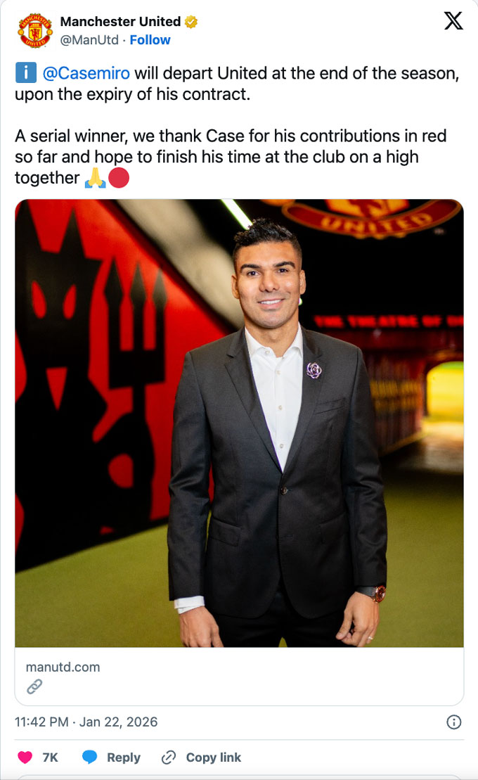 MU thông báo chia tay Casemiro vào cuối mùa 2025/26