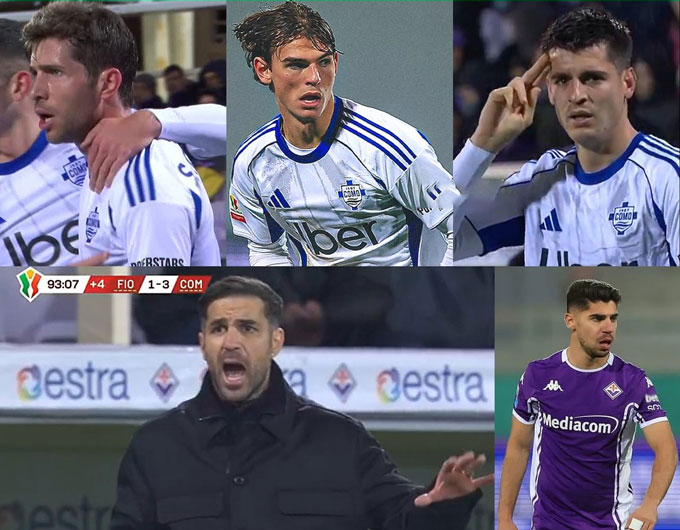 Bộ ba (trái sang) Sergi Roberto, Nico Paz và Morata cùng nhau lập công giúp Como của Fabregas tiến sâu